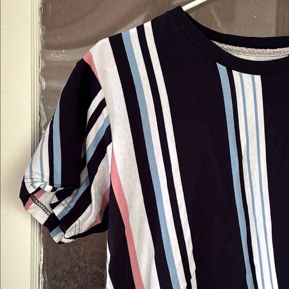 Free Planet Women’s Cotton Striped Tee in Dark Navy Blue, Pink light Blue size L - Picture 2 of 5